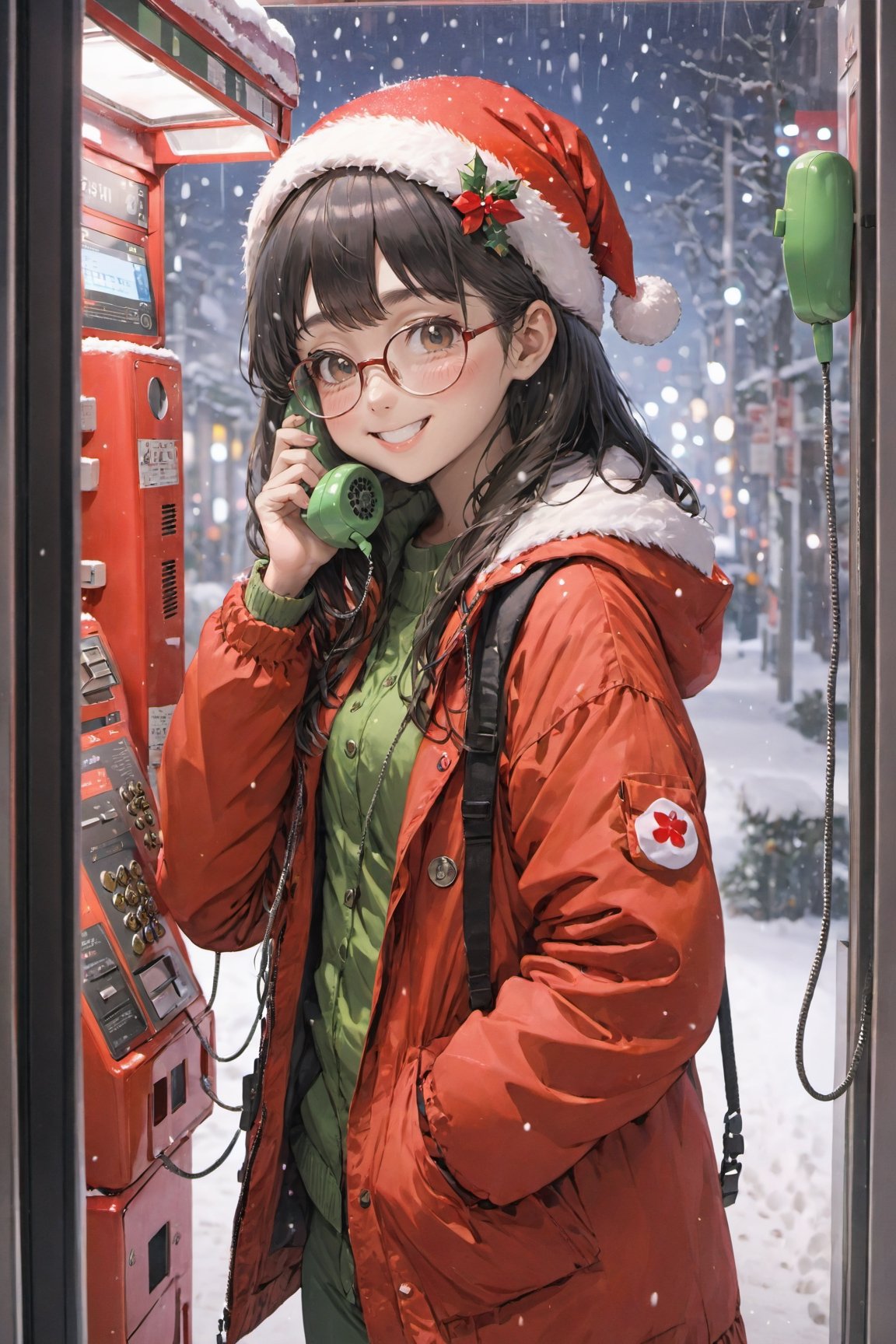 best quality, ultra-detailed, illustration, japanese girl, cute, (shy smile),
It's snowing heavyly,Christmas atmosphere,
Japan, Payphone, scenery, phone, blurry, indoors, close-up, realistic, photo background, decorated with christmas ornaments,
1girl,  red Santa Claus's hat,glasses, black hair, long hair, Field jacket, Cargo pants, boots, face palm, :o
  
,Japan