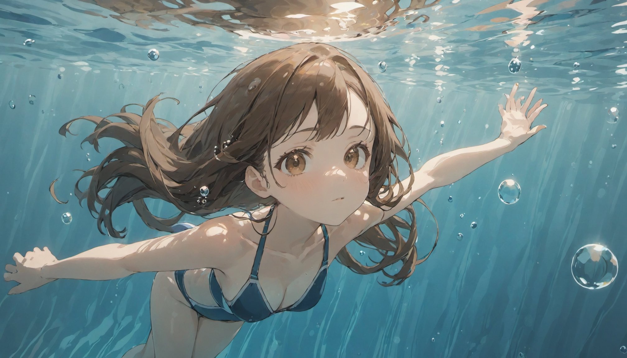 foreshortening,  depth of field, masterpiece, best quality, 1girl, brown hair, brown eyes,  long hair, underwater, air bubble, solo, looking at viewer, school swimsuit, swimming,  dappled sunlight, 