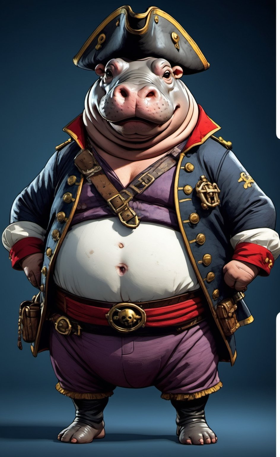portrait of Dressed animals - a ((fat)) hippo pirate,  (closed mouth),  high quality by レオナルドくま on Tensor.Art