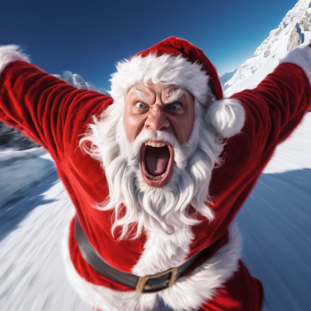 Selfie,  fisheye lens,  photorealistic Santa Claus screaming and running. angry yeti in the background by レオナルドくま on Tenso...