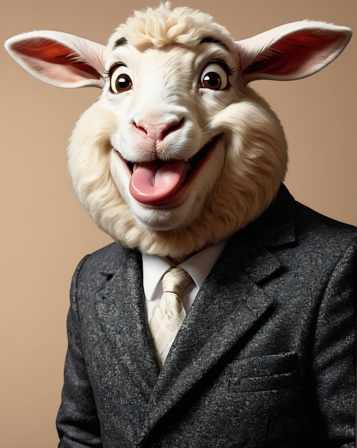  face close up image of anthropomorphic fat baby angora goat,(furry), dressed in a dark gray suit, (sticking out tongue:1.5),(happy smile:1.5),( ), roomlighting, Cinematic, hdr, primitive, Intricate, High quality, smoothing tones, Intricate details, Low contrast,(viewed from side above:2.0), (looking up to the side:1.8), simple background,comic book