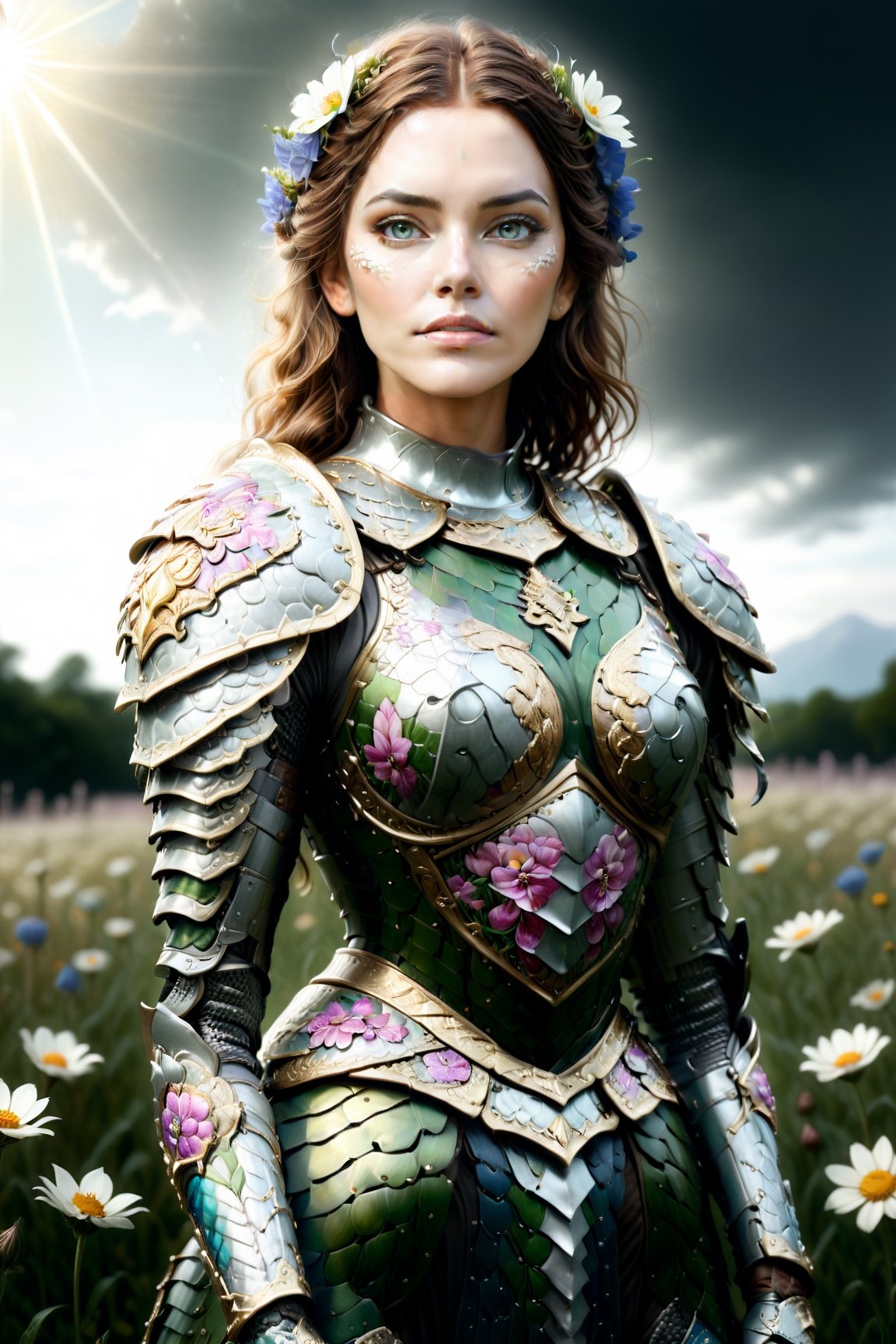 hyperrealistic full length portrait of gorgeous goddess | standing in field full of flowers | detailed gorgeous face!! | full body!! | dragon armor | god rays | intricate | elegant | realistic | hyperrealistic | cinematic | character design | concept art | highly detailed | illustration | digital art | digital painting | depth of field,dragon armor