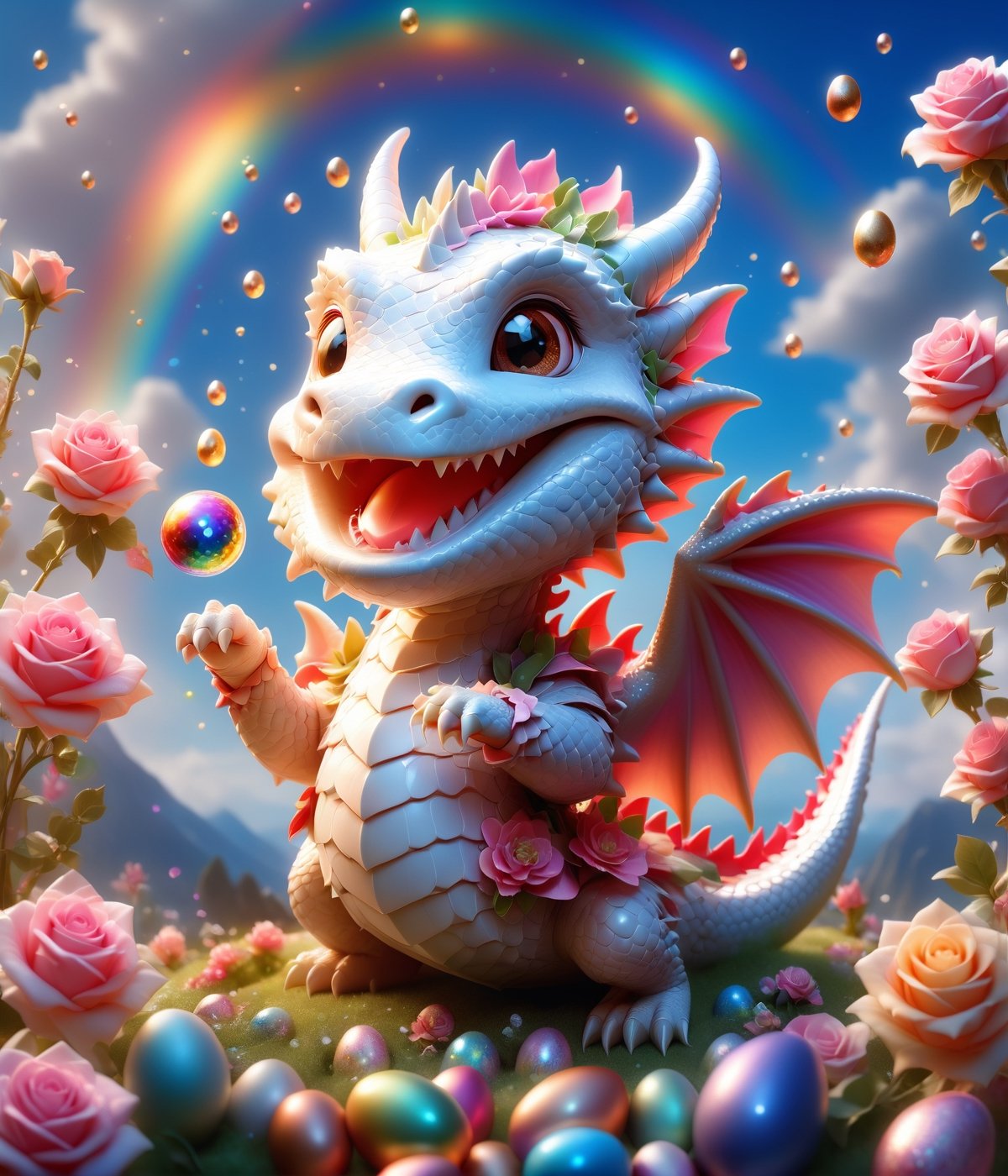 chibi cute dragon smiling charmingly, nestled among roses, gifts and golden seeds, framed by a verdant lawn dotted with Easter eggs, against a backdrop of blue skies and rainbow arches with floating soap bubbles, in a charmingly pose, photographed by Miki Asai with macro lens precision, trending on ArtStation with Greg Rutkowski's detailed fantasy style in 9k resolution, sharp focus aperture F 1.5, intricate details, setting studio photography, ultra high,cute dragon