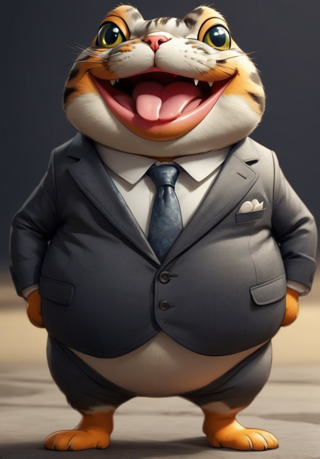  illustration of anthropomorphic (fat)baby (cat) ,(tongue:1.5)(cute), (lovely),dressed in a dark gray suit, (sticking out tongue:1.5),(happy eyes:1.5),(smile:1.8),, soft lighting, Cinematic, hdr, primitive, Intricate, High quality, smoothing tones, Intricate details, Low contrast,(), (looking at viewer:1.5), simple background,comic book