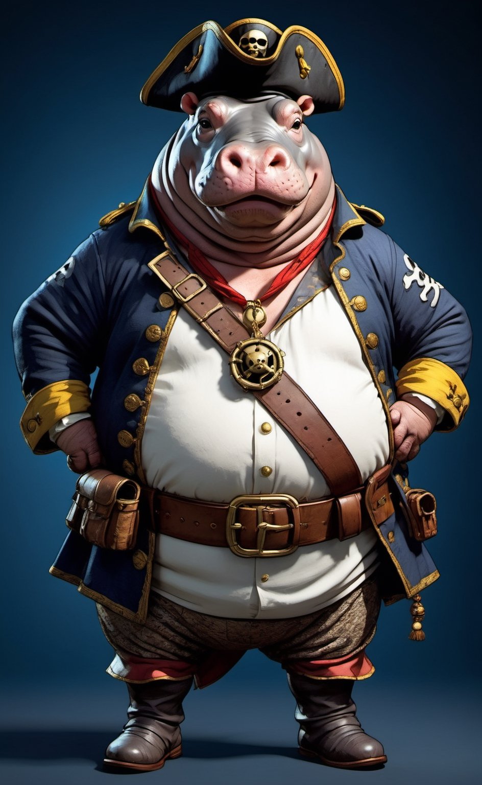 portrait of Dressed animals - a ((fat)) hippo pirate,  (closed mouth),  high quality by レオナルドくま on Tensor.Art