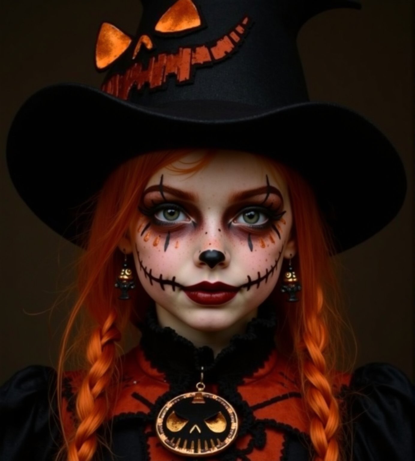 half body portrait of 10yo cute girl with Halloween heavy makeup on face, in Gothic Haloween costume and hat,higly detailed skin texture ,(looking at camera:1.5),(gothic),fractal punk, orange braid hair, matte painting portrait shot, beautiful girl, pink fair skin, she is dressed in Halloween clothes, Pumpkin motif accessories,necklace and earrings, Halloween atmosphere, heavy makeup,orange theme,score_9, score_8_up, score_7_up, score_6_up, score_5_up, score_4_up,