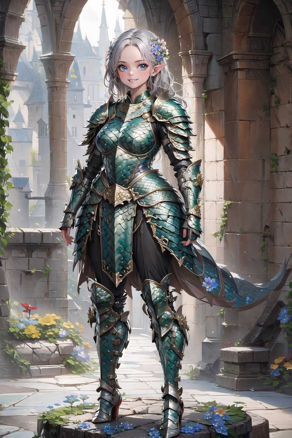 (masterpiece, best quality), (ultra detailed),(absurdres), 1 girl wearing armor,(baby face:1.1),pointy ears,right bule hair,kindly smile,(flower:1.4),Matte Painting,full body,(fantasy world),stone buildings,dragon armor