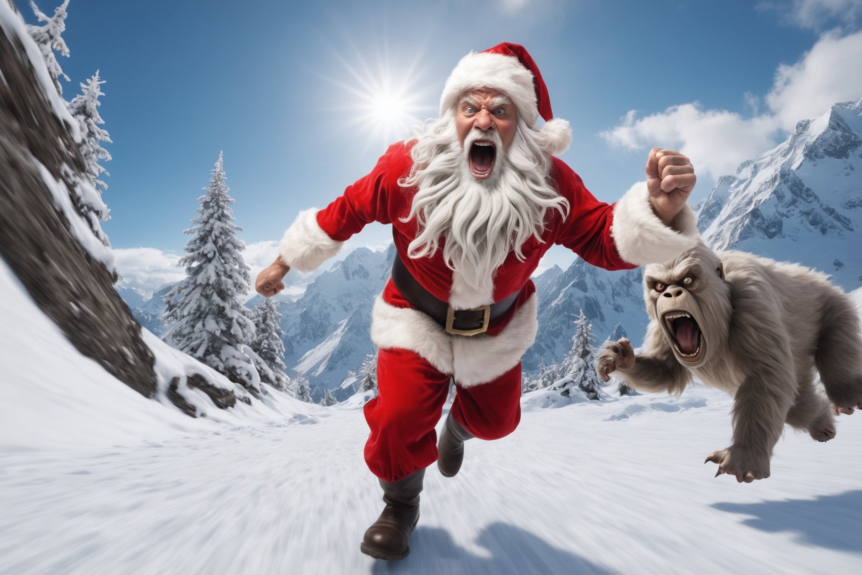 Selfie,  fisheye lens,  photorealistic Santa Claus screaming and running. angry yeti in the background by レオナルドくま on Tenso...