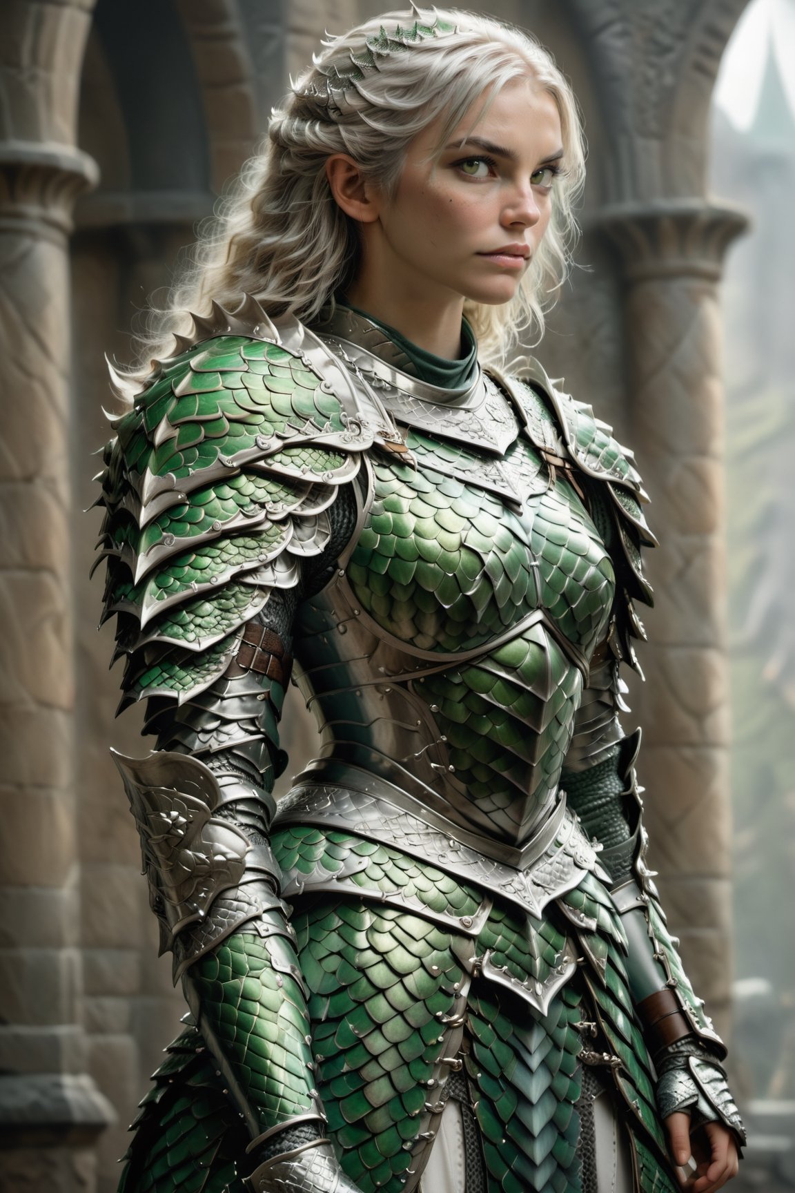 European style, fantasy, solo, cute girl, wearing dragon armor, white & silver long hair, battle, faithing, enemy, ruins, holding long sword, (masterpiece), (best quality), (ultra-detailed), (an extremely delicate and beautiful), ((textile shading)), (caustics), (((sharp focus))),dragon armor