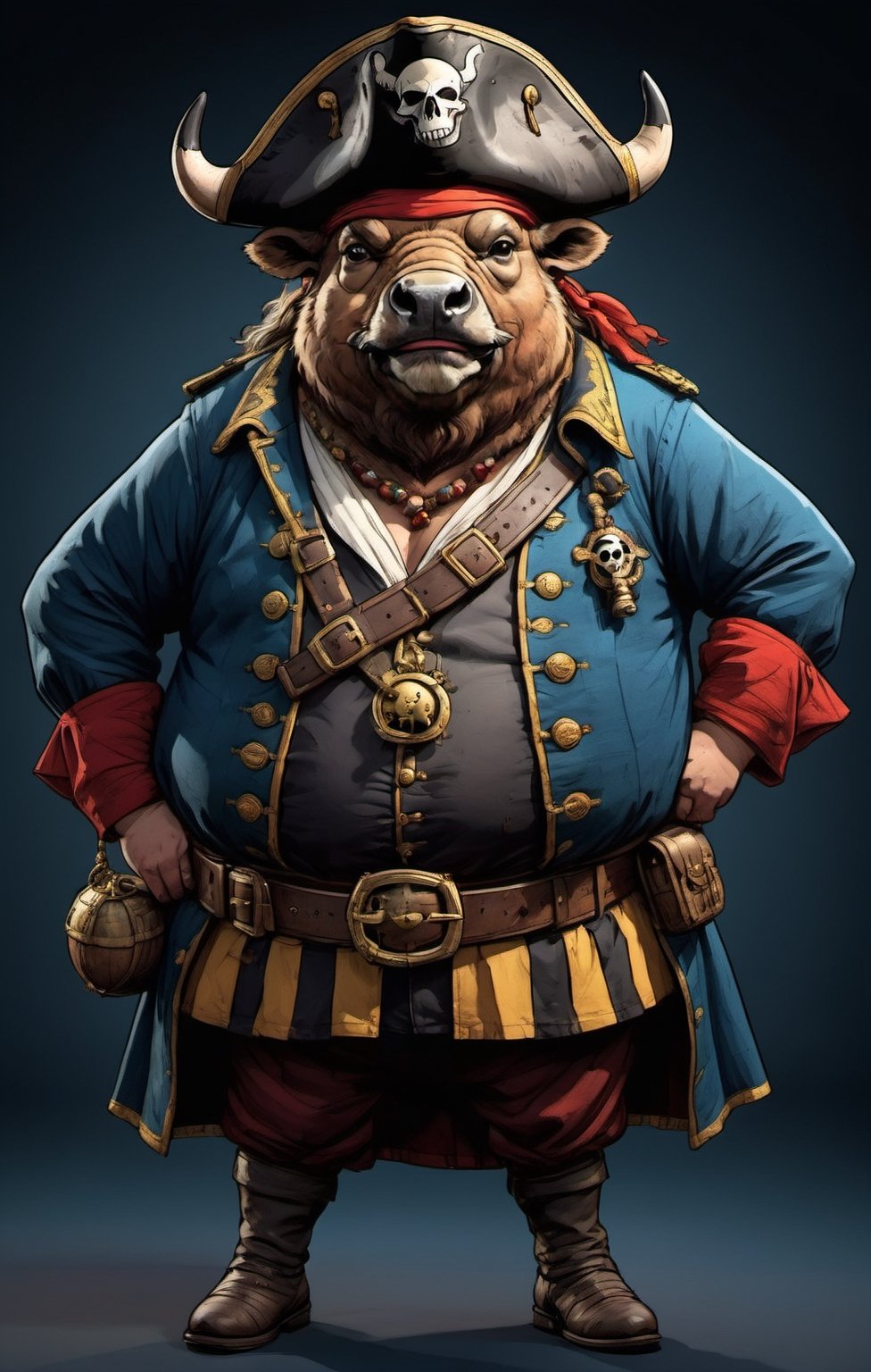 portrait of Dressed animals - a ((fat)) buffalo pirate,  (closed mouth),  high quality by レオナルドくま on Tensor.Art