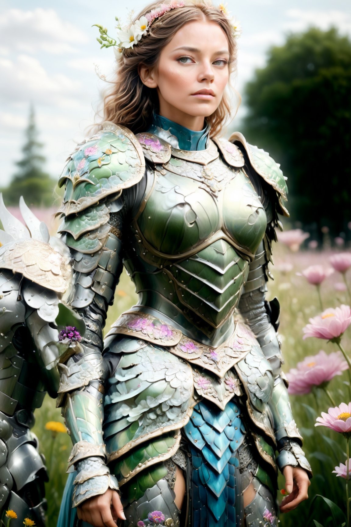 hyperrealistic full length portrait of gorgeous goddess | standing in field full of flowers | detailed gorgeous face!! | full body!! | dragon armor | god rays | intricate | elegant | realistic | hyperrealistic | cinematic | character design | concept art | highly detailed | illustration | digital art | digital painting | depth of field,dragon armor