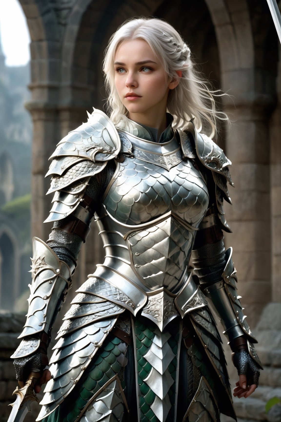 European style, fantasy, solo, cute girl, wearing dragon armor, white & silver long hair, battle, faithing, enemy, ruins, holding long sword, (masterpiece), (best quality), (ultra-detailed), (an extremely delicate and beautiful), ((textile shading)), (caustics), (((sharp focus))),dragon armor