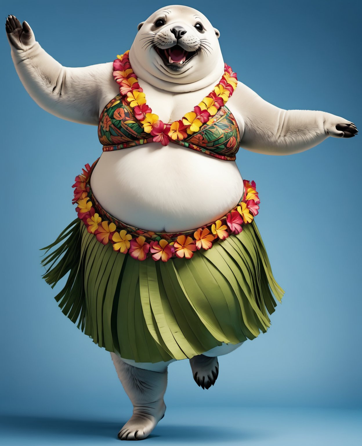  portrait of Dressed animals - a ((fat)) cute seal hula dancer,(hula dancing:2.0), (swinging arms :2.0),(happy smile:1.2),high quality,(happy),(lovely) ,intricate details, (furry), highly detailed ((female hula dance costume)) ,highly detailed decorations, wearing (bikini) aloha shirts and flower lei , (happy), studio lighting,(full body image:1.5),simple background,(viewed from side:2.0),(perfect hands)comic book,comic book