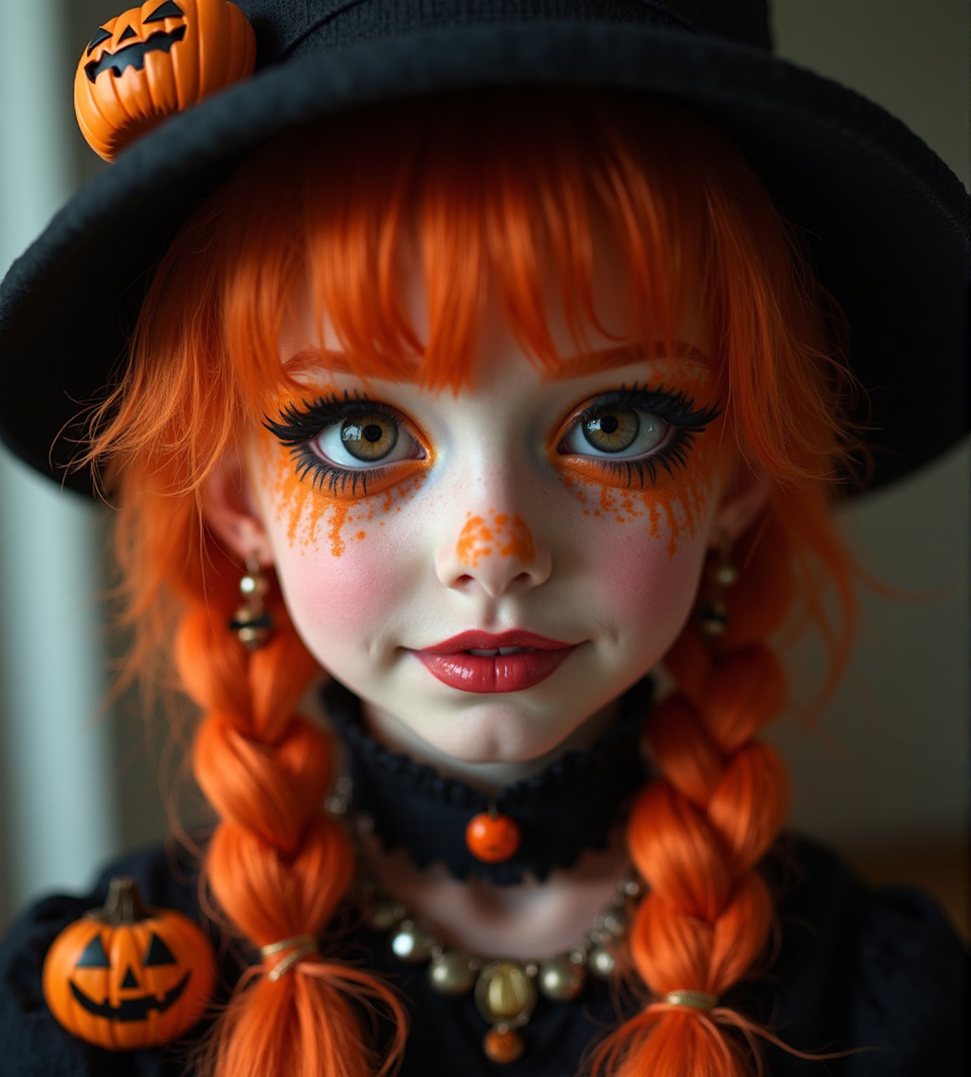 half body portrait of 10yo kawaii girl with Halloween heavy makeup on face, in Gothic Haloween costume and hat,higly detailed skin texture ,(looking at camera:1.5),(gothic),fractal punk, orange braid hair, matte painting portrait shot, beautiful girl, pink fair skin, she is dressed in Halloween clothes, Pumpkin motif accessories,necklace and earrings, Halloween atmosphere, heavy makeup,orange theme,score_9, score_8_up, score_7_up, score_6_up, score_5_up, score_4_up,