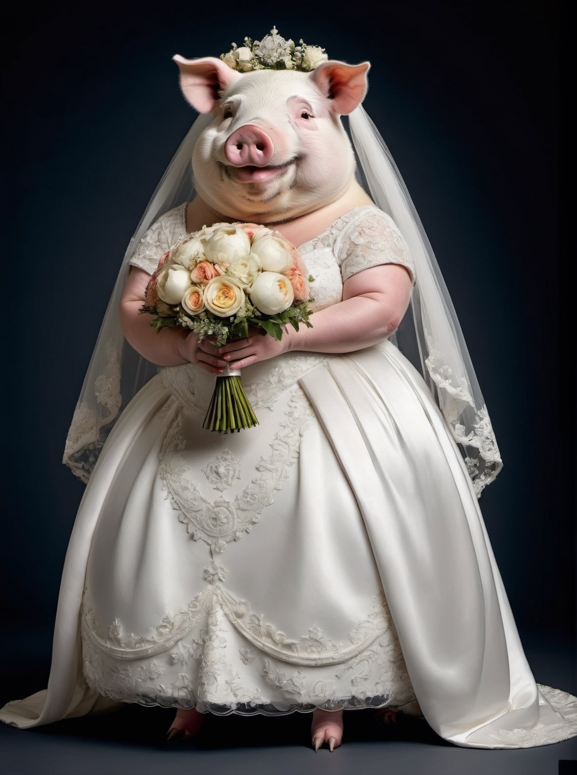 portrait of Dressed animals - a ((fat)) pig bride,  (elegant pose),  (furry) by レオナルドくま on Tensor.Art