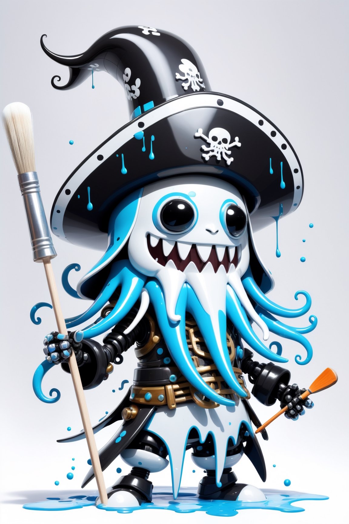 cute robo character of (squid),a mascot for tensor.art,cubby, ((holding a large paintbrush)), futuristic, cyborg style,(lovely smile),wearing a black pirate's hat,cute ,white platinum metallic line,light blue and white dripping paint ,squid head, squid arms, ,mecha,robo,PEOPShockedFace