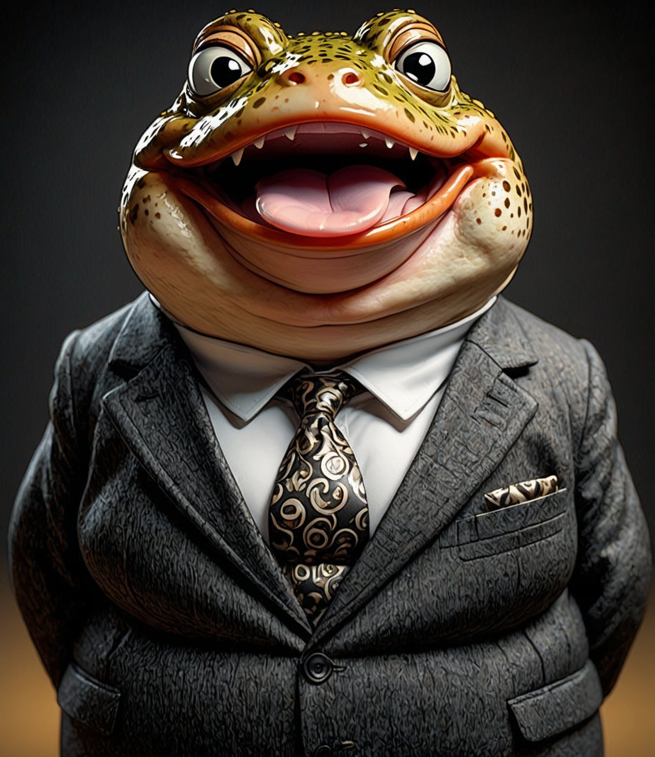 face close up photo of anthropomorphic (fat) baby toad,(tongue), (lovely),dressed in a dark gray suit, (sticking out tongue:1.5),(happy smiling eyes:1.5),(smile:1.2),wearing glasses, soft lighting, Cinematic, hdr, primitive, Intricate, High quality, smoothing tones, Intricate details, Low contrast,(viewed from side:2.0), (looking at viewer:1.5), simple background,comic book