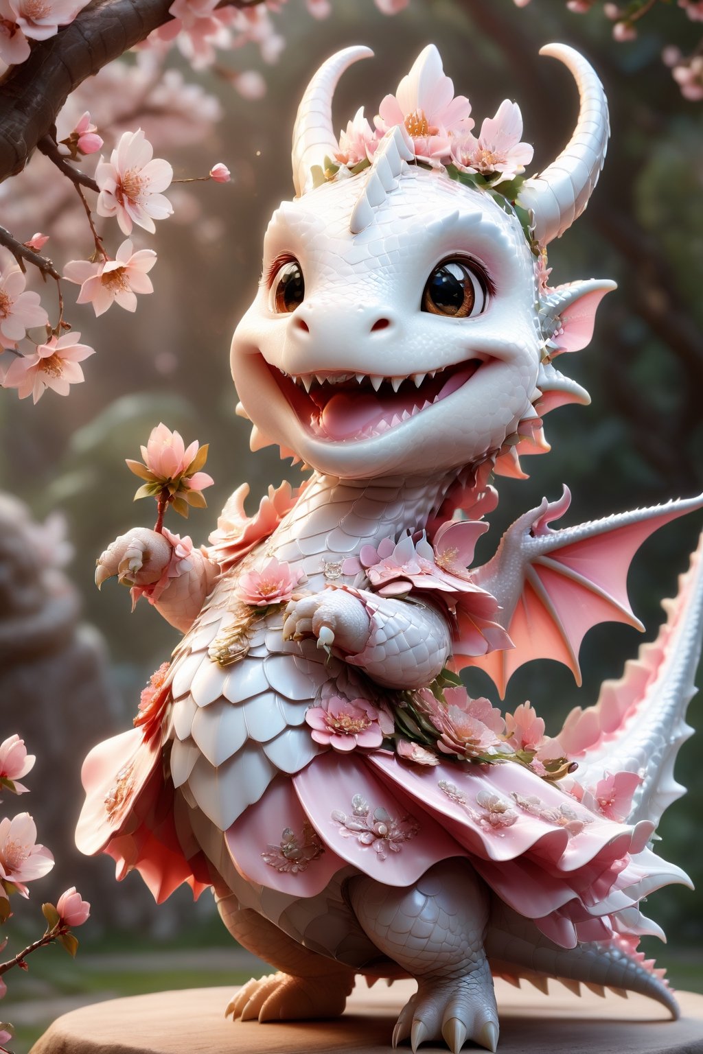  portrait of cute dragon,(singing pose), high quality,() ,intricate details, highly detailed dress ,smile,highly detailed flower decorations, long tail , (wind effect), cherry_blossom background,sun light,perfect lighting,(full body image:1.5),more detail XL,,cute dragon,sticker,ULTIMATE LOGO MAKER [XL],disney pixar style