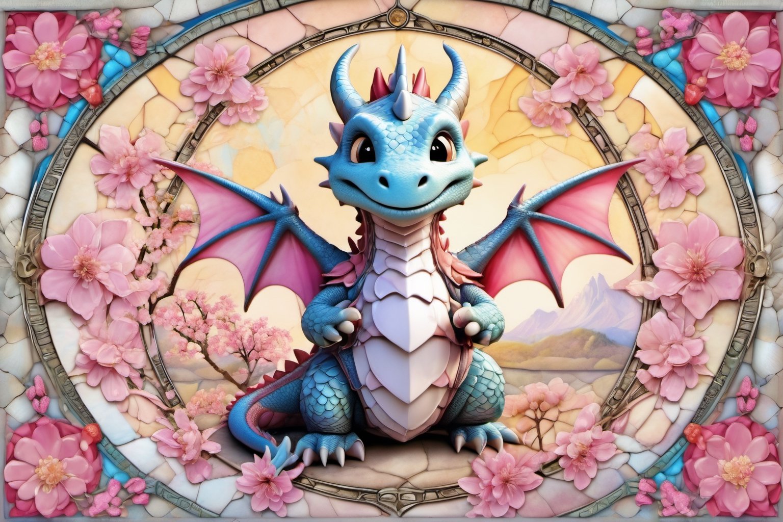 Happy, image of cute dragon,intricate details,cherry blossom background,
 blessed, welcoming , cute, adorable, vintage, art on a cracked paper, fairytale, patchwork, stained glass, storybook detailed illustration, cinematic, ultra highly detailed, tiny details, beautiful details, mystical, luminism, vibrant colors, complex background,,cute dragon