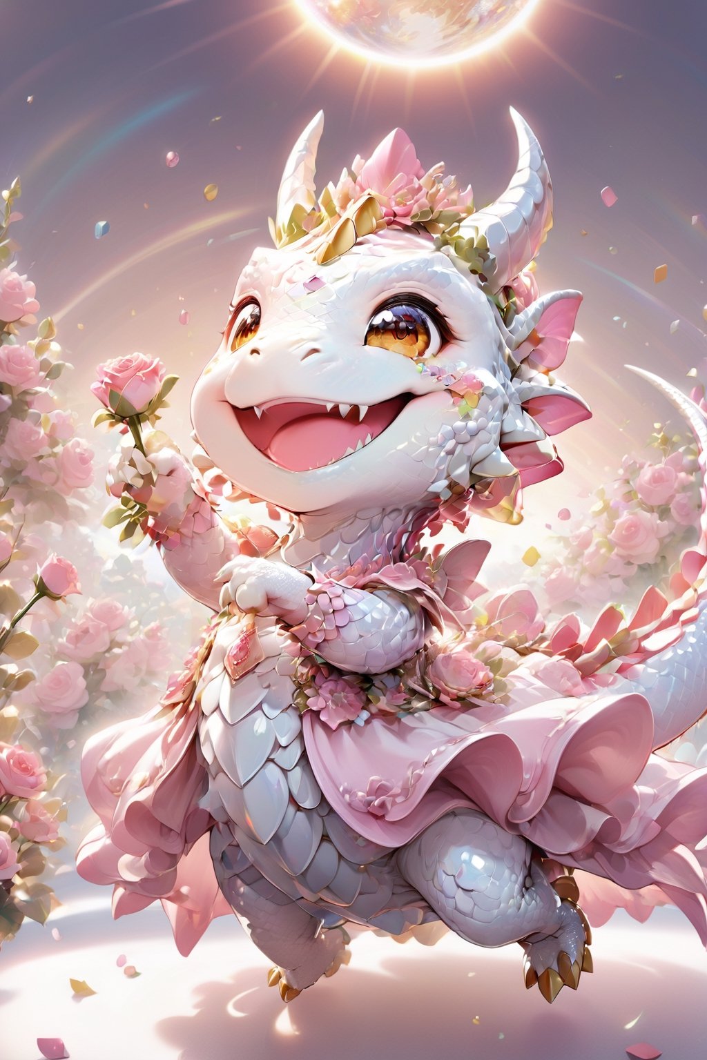  portrait of cute dragon,(dynamic  pose), high quality,(holding a pink rose) ,intricate details, highly detailed dress ,smile,highly detailed flower decorations, long tail , (wind effect),  confetti of roses background,sun light,(full body image:1.5),more detail XL,,cute dragon,sticker