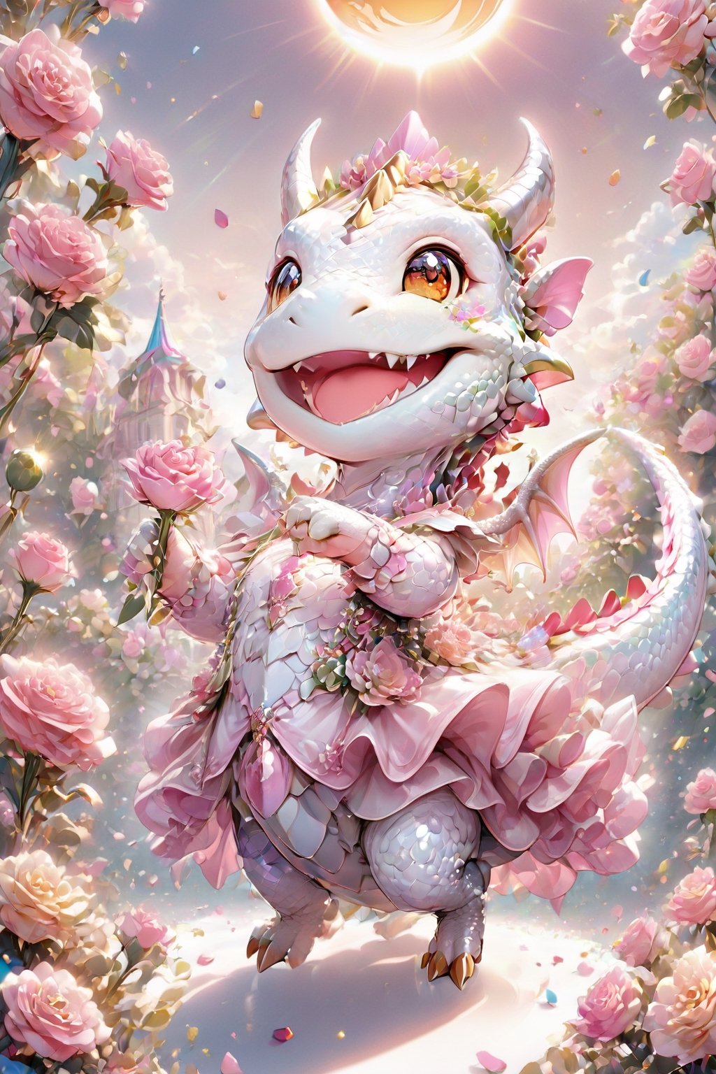  portrait of cute dragon,(dynamic  pose), high quality,(holding a pink rose) ,intricate details, highly detailed dress ,smile,highly detailed flower decorations, long tail , (wind effect),  confetti of roses background,sun light,(full body image:1.5),more detail XL,,cute dragon,sticker