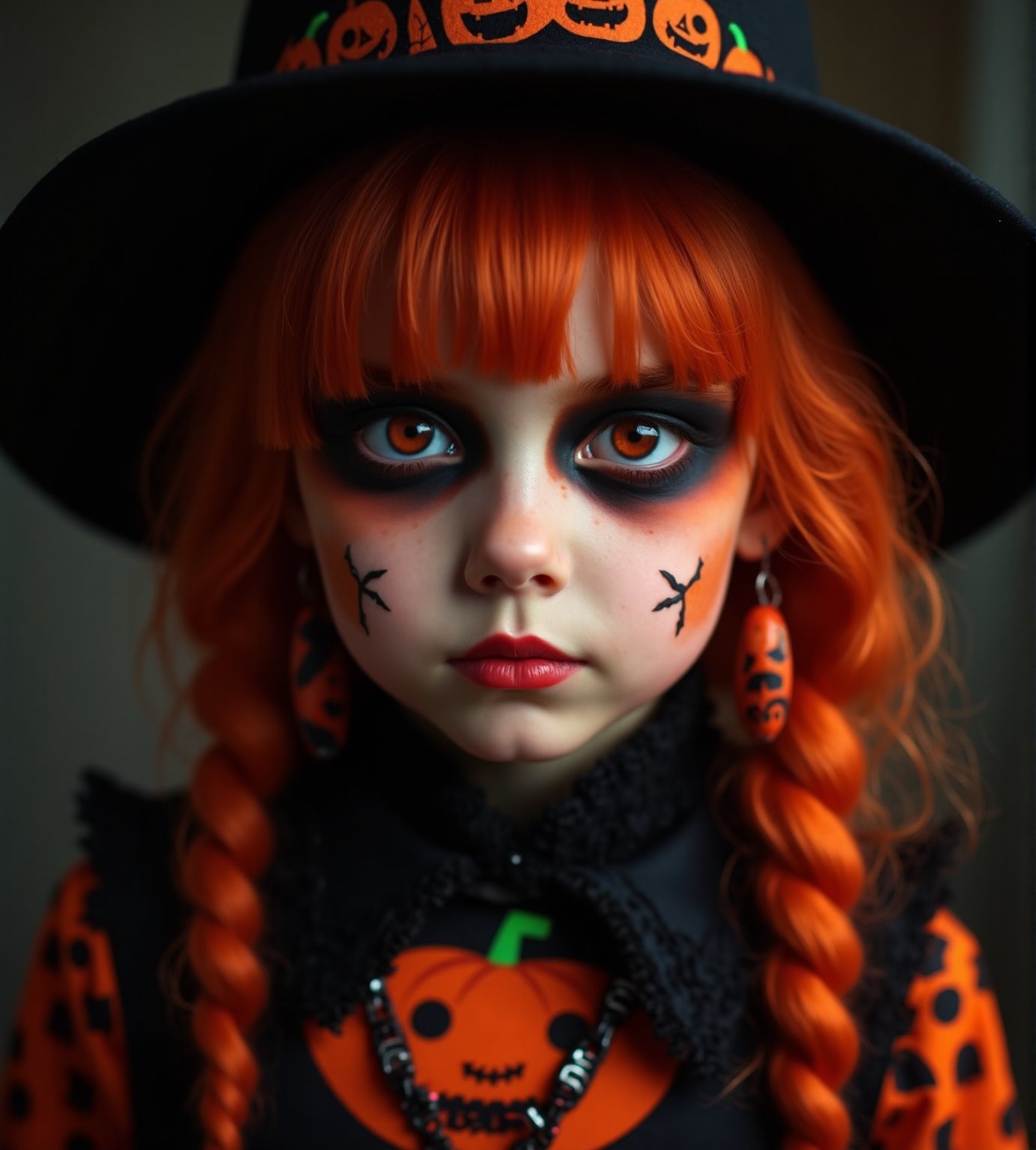 half body portrait of 10yo kawaii girl with Halloween heavy makeup on face, in Gothic Haloween costume and hat,higly detailed skin texture ,(looking at camera:1.5),(gothic),fractal punk, orange braid hair, matte painting portrait shot, beautiful girl, pink fair skin, she is dressed in Halloween clothes, Pumpkin motif accessories,necklace and earrings, Halloween atmosphere, heavy makeup,orange theme,score_9, score_8_up, score_7_up, score_6_up, score_5_up, score_4_up,