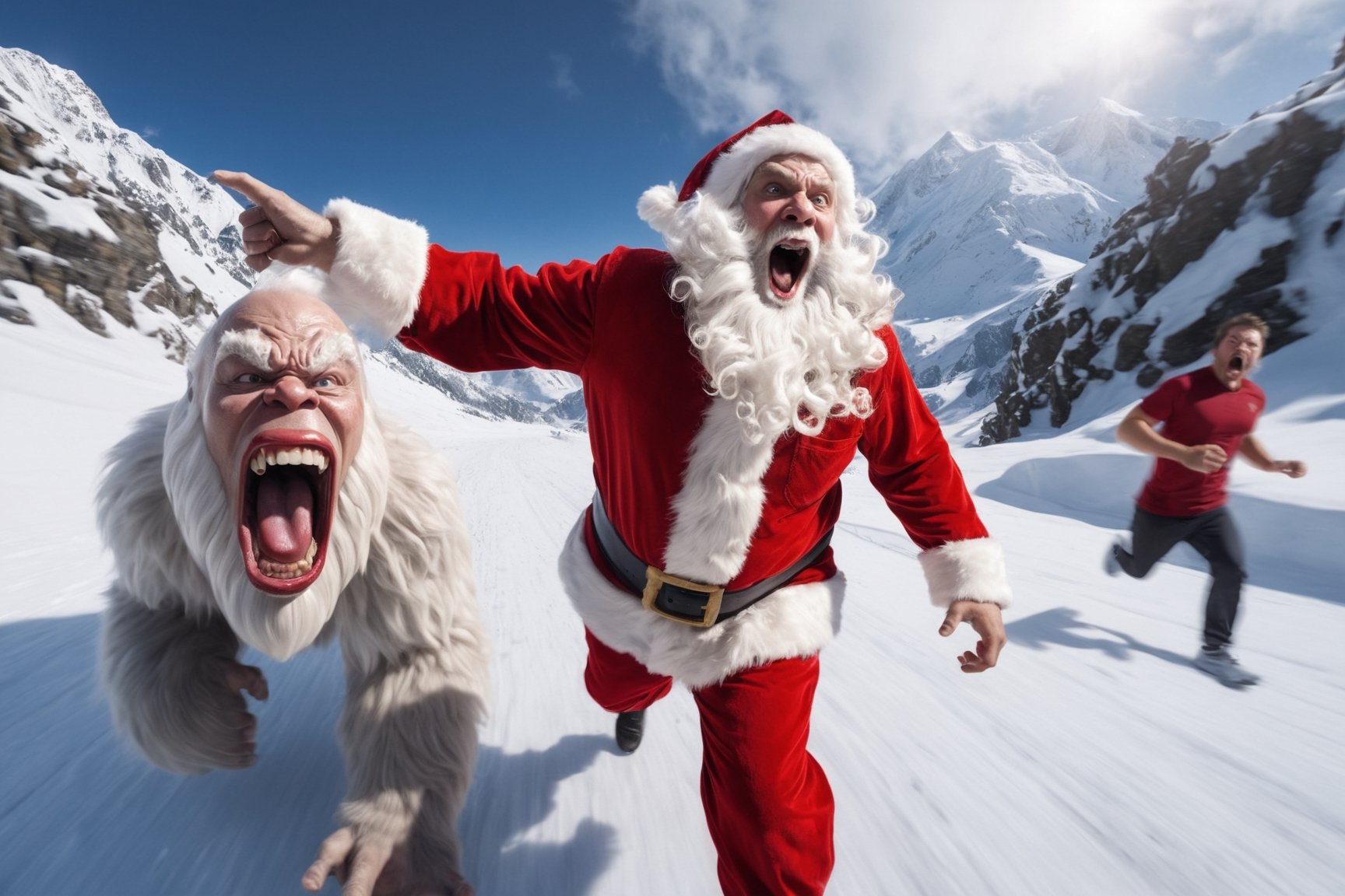Selfie,  fisheye lens,  photorealistic Santa Claus screaming and running. angry yeti in the background by レオナルドくま on Tenso...