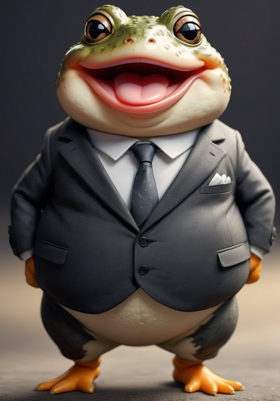  illustration of anthropomorphic (fat)baby toad ,(tongue)(cute), (lovely),dressed in a dark gray suit, (sticking out tongue:1.5),(happy smiling eyes:1.5),(smile:1.2),, soft lighting, Cinematic, hdr, primitive, Intricate, High quality, smoothing tones, Intricate details, Low contrast,(), (looking at viewer:1.5), simple background,comic book