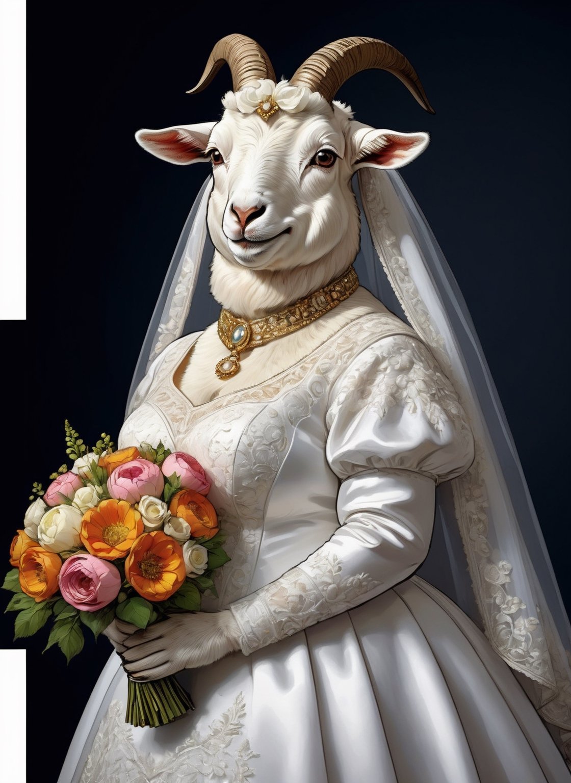  portrait of Dressed animals - a ((fat)) cute goat,(elegant pose),(closed mouth),(frurry), high quality,(lovely) ,intricate details, highly detailed ((wedding dress)),wearing opera globes ,wearing highly detailed veil, highly detailed decorations ,holding flower bouquet, (happy), studio lighting,(full body image:1.5),comic book