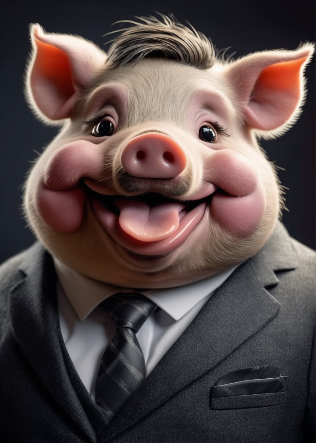 face close up image of anthropomorphic pig,(tongue), (furry),dressed in a dark gray suit, (sticking out tongue:1.5),(happy smile),(playful:1.2), soft lighting, Cinematic, hdr, primitive, Intricate, High quality, smoothing tones, Intricate details, Low contrast,(viewed from side:2.0), (looking at viewer:1.5), simple background