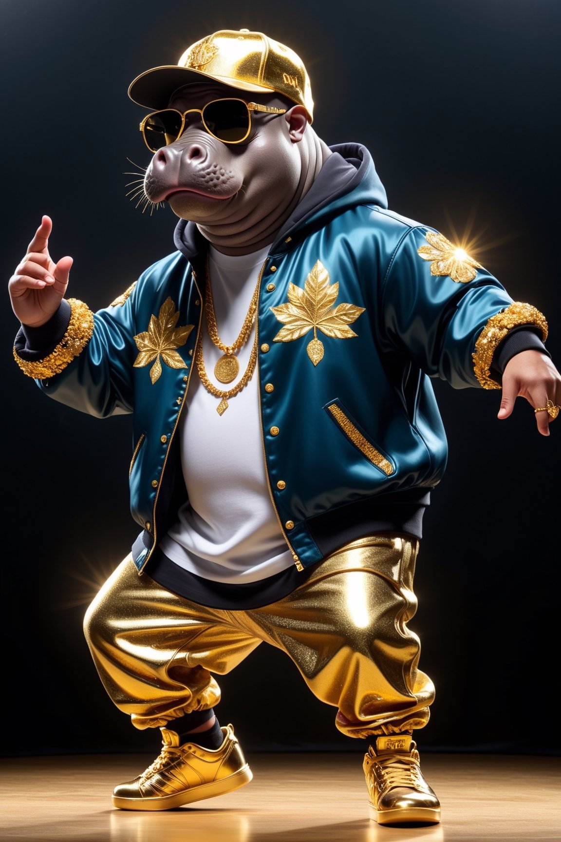  Dressed animals - a (fat) hippo hip hop dancer, ((dancing and singing)), god of hip hop, highly detailed ((hip hop fashion)) , highly detailed accessories , (wearing sunglasses and cap),dancing pose,wearing a jacket and hoodie delicately depicted with gold leaf detailing, printed onto a substantial and regal coat,Emphasize the intricate application of gold foil to capture the strength and valor of hip hop dancer. Ensure a visually stunning representation that combines the opulence of gold leaf with the historical passion of hip hop , creating a unique and impressive fashion through innovative image generation techniques.",abmhandsomeguy,(full body image:1.8), stadio lighting