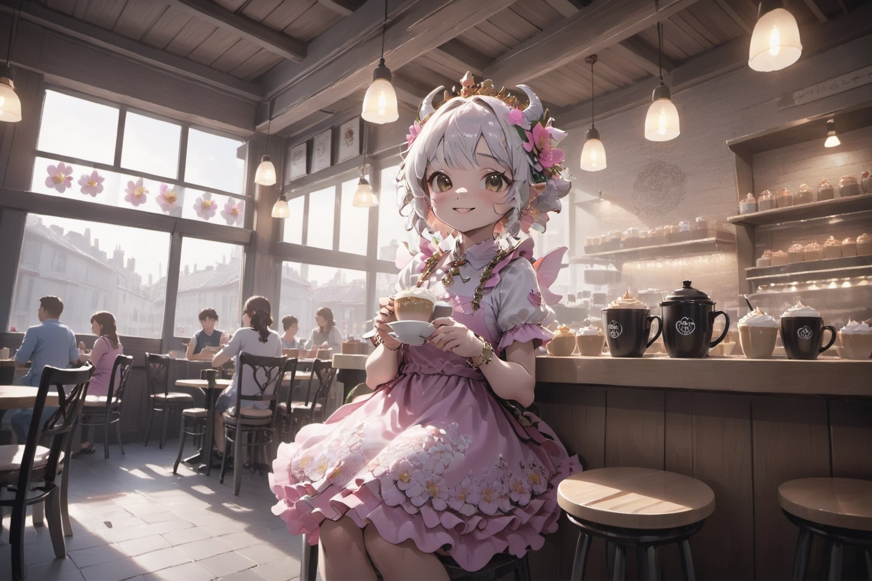 colorful, shine, beautiful-detailed , solo, solo focus,cute dragon, , beautiful detailed sky, dynamic angle, , cinematic light, glow white particles,
cafe,cute dress,calm smile,relieved look
Style - Cozy and Quaint
Background - Charming Café with Rustic Interior
Subject - cute dragon Wearing girly cute dress
View - Inviting Scene Bathed in Morning Sunlight
Appearance - Casual and Approachable
Outfit - girly cute dress with flower ornaments
Pose - sitting in Café , drinking coffee
Details - Steam from Coffee Cups, Display of Pastries
Effects - Warm Morning Sunlight Creating a Comforting Ambiance
Description - "Step into the cozy embrace of a quaint café, where the morning sunlight filters in through the windows, casting a warm and inviting glow. As you enter, your gaze is drawn to the barista behind the counter, a friendly figure wearing flower dress neatly at the front.
The café's rustic interior complements the barista's attire, 