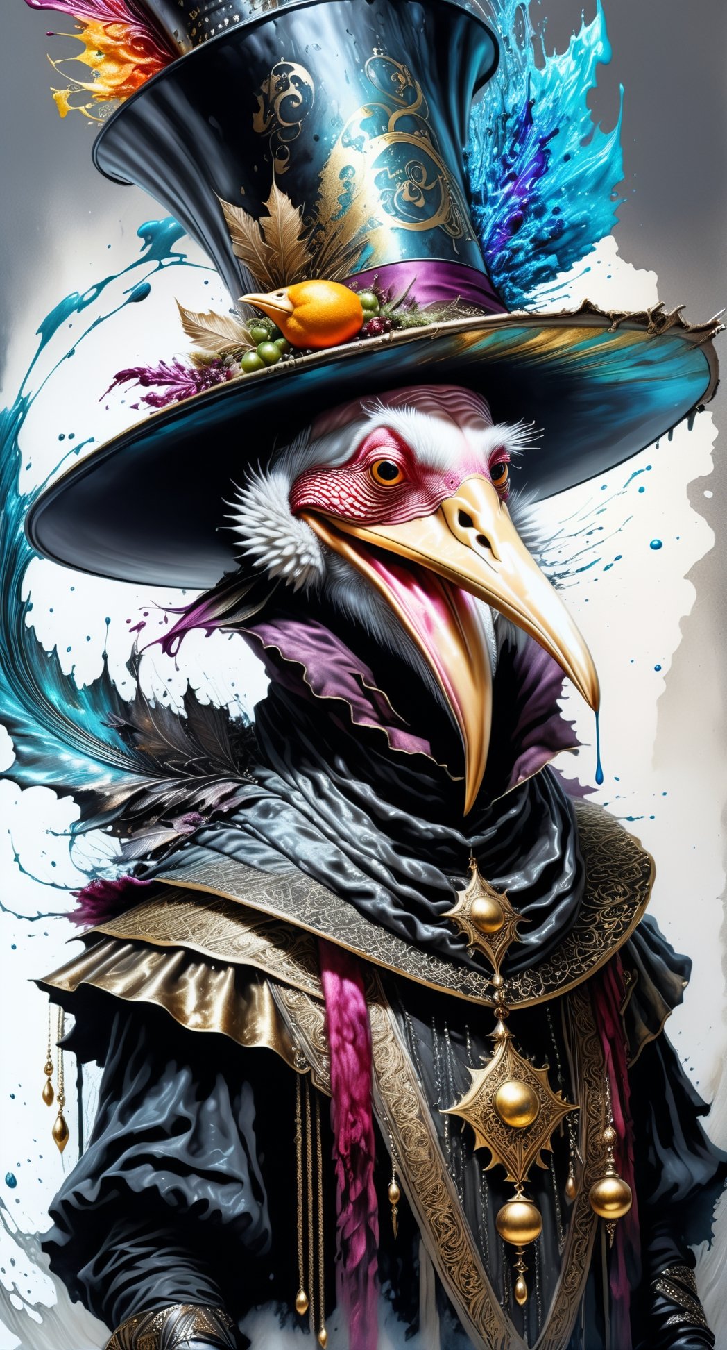 Ultra-Wide angle shot, photorealistic of gothic medieval of  stylish (turkye) character wearing pilgrim outfits,turkey,(long neck), large beak,(whole body), (laughing),art by Carne Griffiths,thanksgiving atmothphere,ornaments of thanksgiving, merged visuals, evocative storytelling, creative blending, seeBlack ink flow: 8k resolution photorealistic masterpiece:  intricately detailed fluid gouache painting: calligraphy: acrylic: colorful watercolor art, cinematic lighting, maximalist photoillustration: by marton bobzert: 8k resolution concept art intricately detailed, complex, elegant, expansive, fantastical, psychedelic realism, dripping paint,,DonML1quidG0ldXL ,Digital painting ,PEOPShockedFace