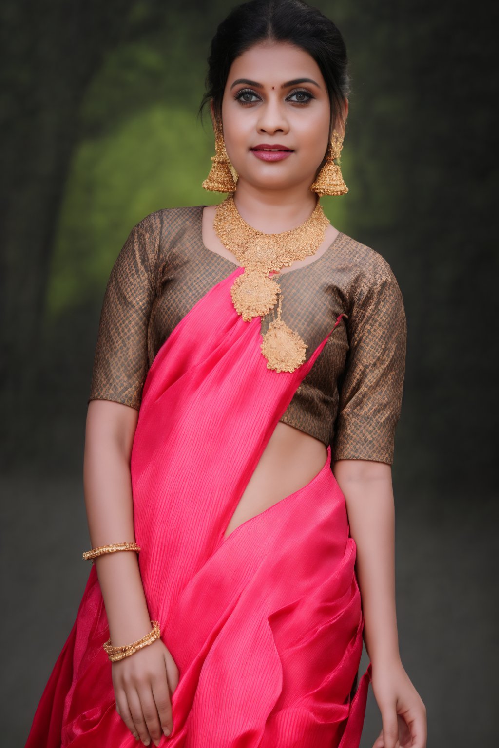 A ravishing Indian beauty, 36 years young, wears a stunning traditional saree, skillfully draped to reveal her navel. The richly colored fabric is adorned with intricate patterns and embroidery, paired with a matching turtle-neck blouse featuring short sleeves and a deep neckline. Her pallu flows softly over one shoulder, as she poses elegantly against a dimly lit background, focusing on the cultural richness of her attire.

Her warm-toned skin glows under cinematic lighting, accentuating every detail. Her long, dark hair cascades down her back like night's shadows, framing her flawless face and striking features. A maang tikka adorns her forehead, complementing jhumka earrings, a nose ring, bangles, and anklets that add to the overall opulence.

The setting is bathed in warm, golden light, emphasizing the textures of her fabric and jewelry. Every aspect of this scene is meticulously crafted, from the soft focus on her skin to the intricate details on her attire. The image is so vivid it seems to leap off the screen, a true masterpiece of cinematic art.