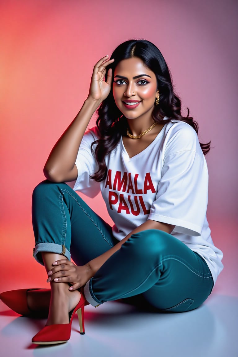 wide and low angle, cinematic, fashion photography. xamala sitting on floor wearing a full size light white t-shirt with big letters \"Amala Paul\" , teal jeans, nice red high heels and a gracious look on her face. The background is a color gradient, her face is lit with cool white light,  studio setting   <lora:xamala-flux-lora:1