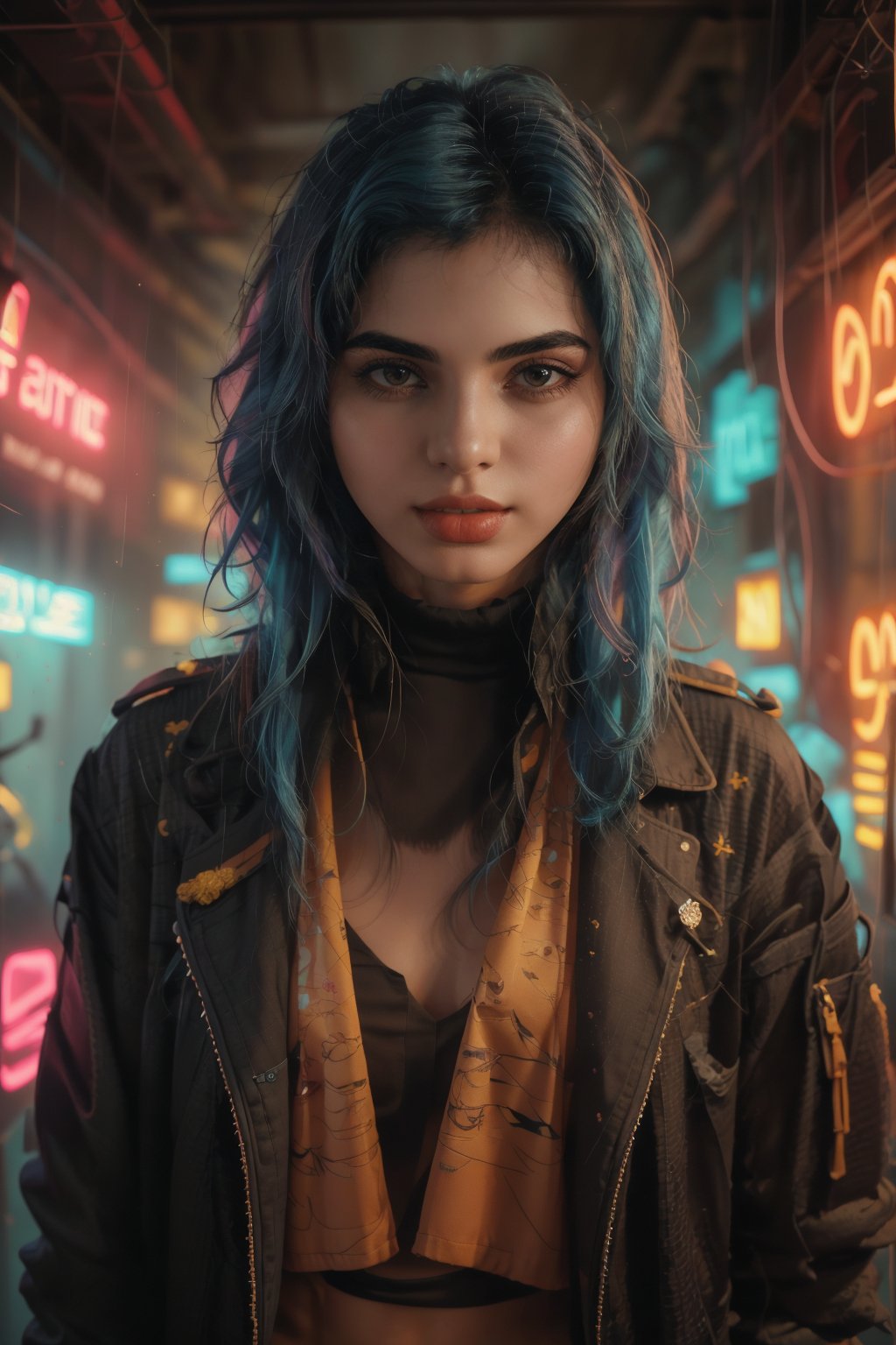 Here's a high-quality, coherent, and photorealistic , A 25-year-old woman with long, blue hair adorned with a hair ornament, stands solo in a futuristic room bathed in neon lights. She wears a designer blouse and jacket combo, paired with a turtle-neck sweater underneath. ,