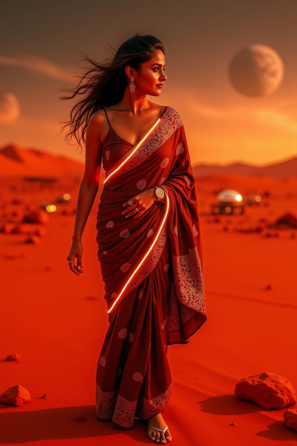 Mars Explorer in Traditional Attire
"A stunning Indian woman stands on the red, rocky surface of Mars, blending elements of her cultural heritage with futuristic technology. Mars rover near She wears a sleek saree, with glowing neon accents:1, customized to reflect traditional Indian motifs, such as intricate gold patterns and a sari-like drape over her shoulder. Her hair wave, mars effect, mars havy sand storm:1.4, revealing a radiant face with sharp, determined eyes. The harsh Martian environment contrasts with her beauty, while the backdrop features the dusty Martian landscape, distant planets, and a futuristic space colony on the horizon. The lighting is dramatic, with warm tones highlighting the red sands of Mars, creating a powerful, cinematic scene captured in ultra-realistic photography."

Details: face texture, perfect eyes, 5 finger on each hands, hair details, costume texture perfect, symmetry, Sharp background,