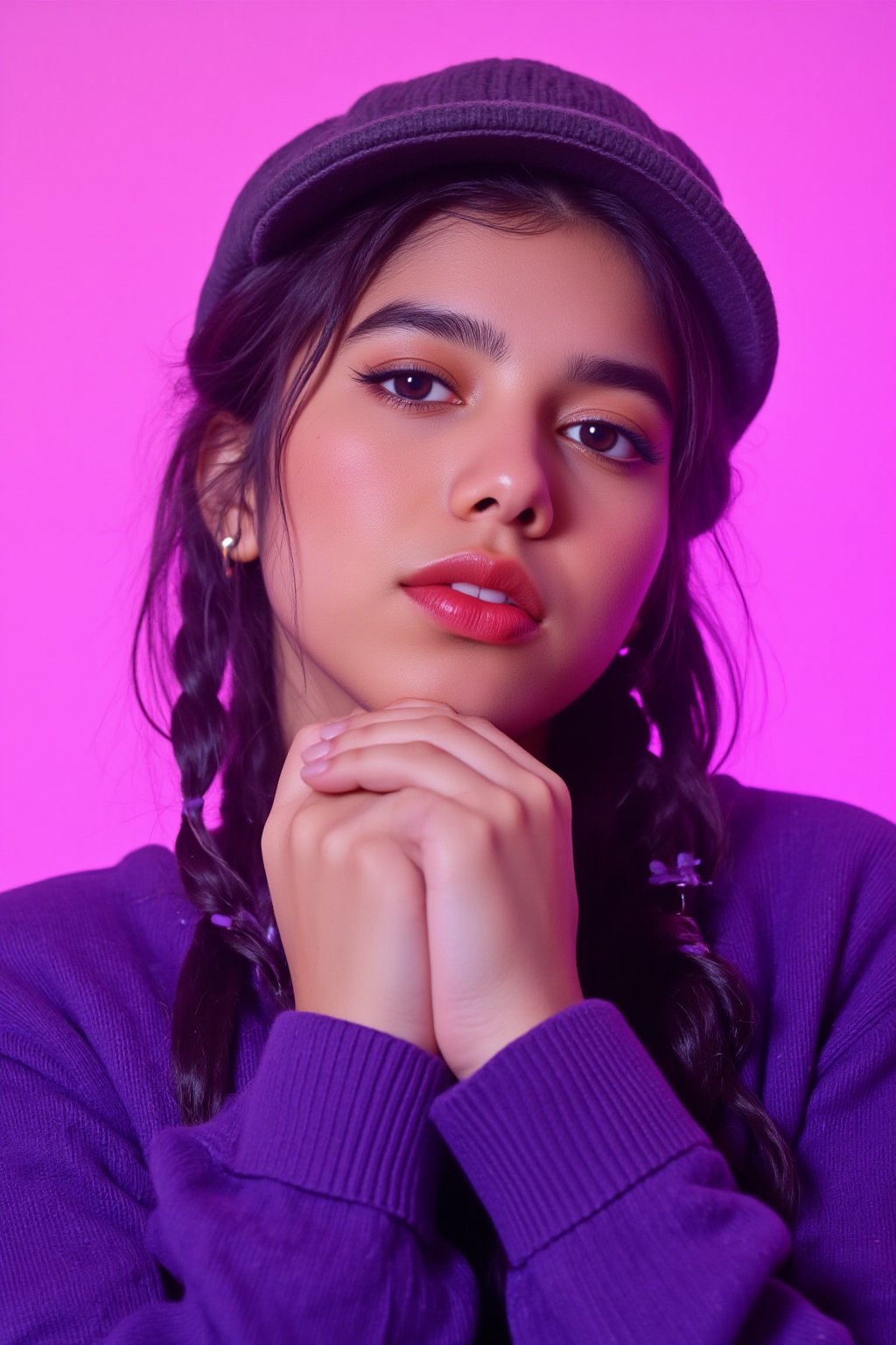 A photorealistic full-body portrait of a stunning 21yo hubggirl with perfect hands. She wears a vibrant purple sweater and double braids adorned with tiny earrings. Her shoulder-length purple hair is styled in intricate braids that cascade down her back. Her eyes are a deep, rich purple, framed by thick eyelashes and subtle makeup. A bold red lip color adds a pop of brightness to the overall gradient background, which transitions seamlessly from pink to purple. The subject's gaze is direct, with a hint of sassiness as she wears a trendy hat and sports a confident smile. Shut up, indeed!,Teenager 