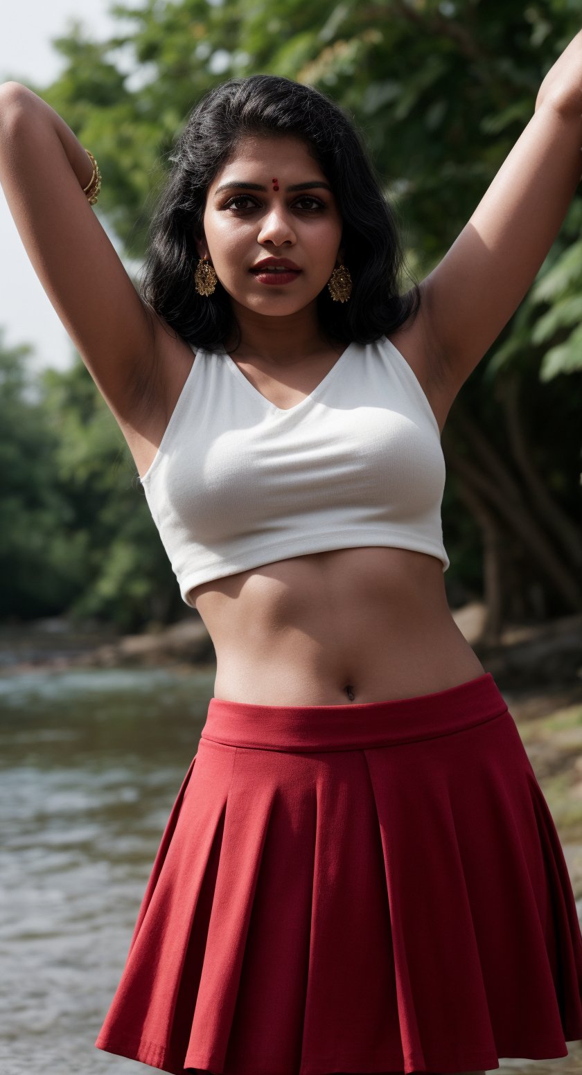 1girl, solo, long hair, skirt, shirt, black hair, jewelry, standing, full body, earrings, midriff, water, blurry, arms up, bracelet, tree, crop top, blurry background, white skirt, red shirt, long skirt, rock, photo background, Indian traditional dress 