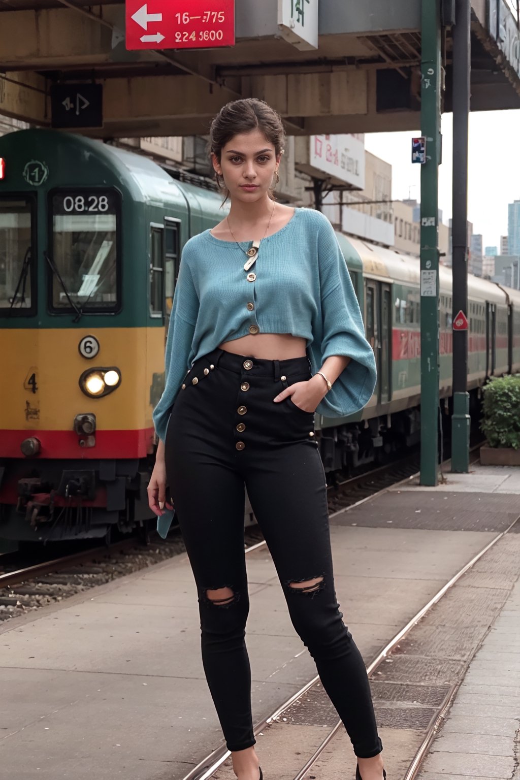 Ultra realistic full body photo of petite  italian female model  modeling upscale dolman sleeve travel inspired grunge knit silk outfit with cool metallic elements zippers buttons clips  in new york,Railway station,Thrissur,80' girl