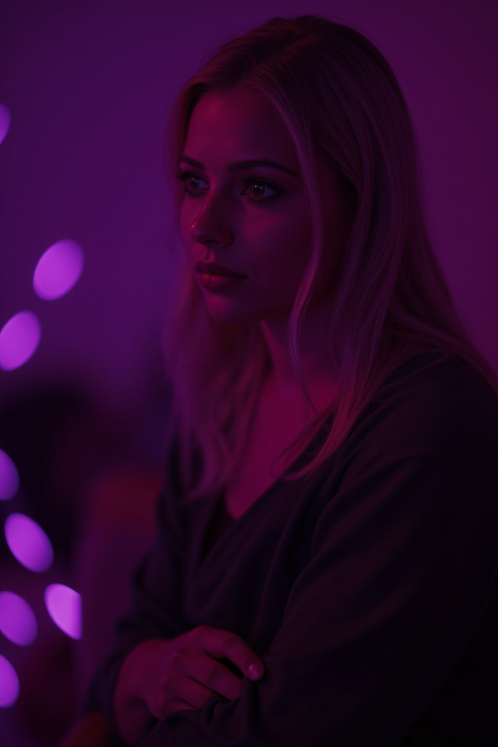 cinematic, A young woman with blonde hair sits in a dimly lit room, illuminated by soft purple and pink lighting. She gazes thoughtfully into the distance, with a bokeh of lights in the background, creating an intimate and contemplative atmosphere., film grain, Short telephoto focal length, shot on ALEXA 65,30yo