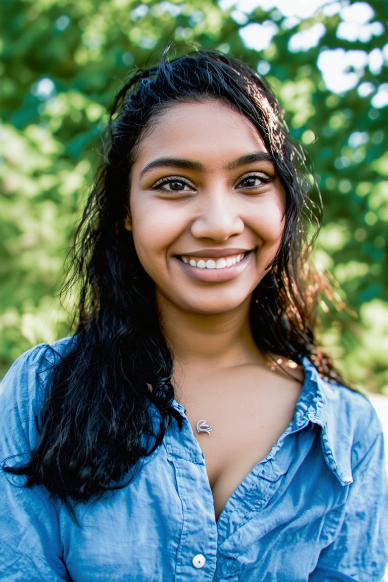 A stunning young woman with long, dark hair framing her heartwarming smile. Navel show, Her piercing black eyes sparkle as she gazes directly at the viewer, exuding a sense of confidence and joy. A small mole beneath her lips adds to her endearing features. She wears a casual shirt, relaxed in an outdoor setting where greenery surrounds her. The warm sunlight casts a gentle glow on her features, accentuating her radiant grin.