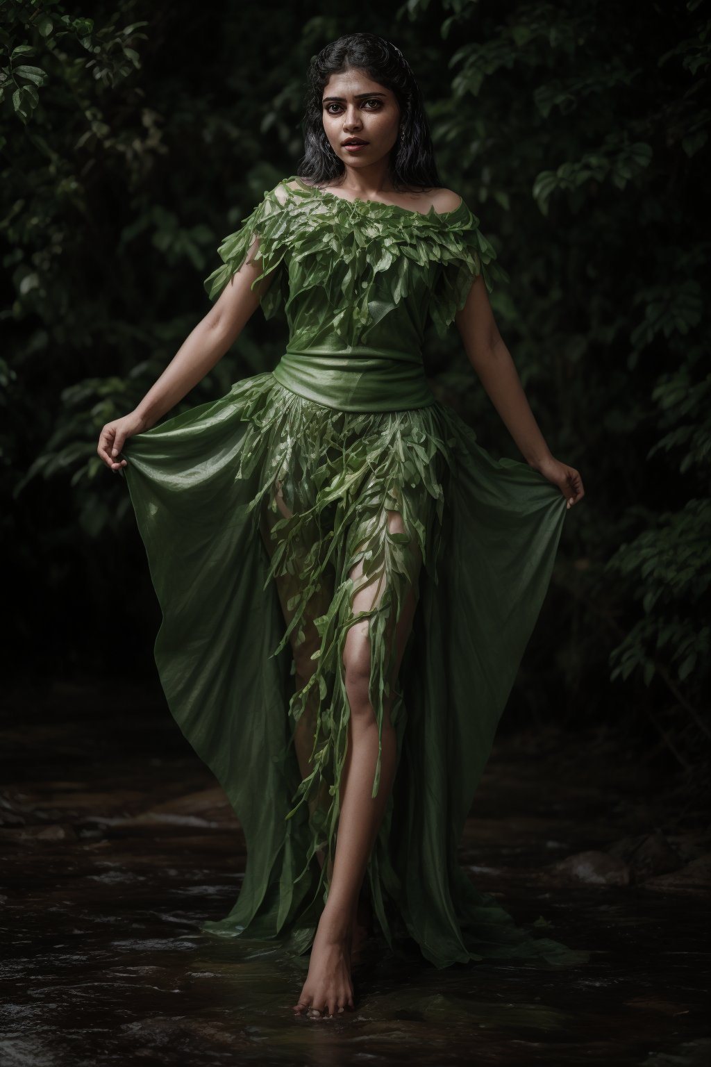 A majestic young woman emerges from the verdant foliage, adorned entirely in a stunning ensemble crafted from delicate Plantain leaves. Red yellow brown colour leafs, Her slender figure is enveloped by a flowing, ethereal gown constructed from thousands of intricately arranged leaves, their gentle curves and soft sheen creating a mesmerizing effect.

The leafy fabric drapes effortlessly around her lithe physique, the subtle rustling of each leaf underscoring the gentle movement of her body as she moves. Her private areas are discreetly concealed by a delicate leafy barrier, its edges carefully positioned to maintain modesty while still showcasing the natural beauty of the surrounding foliage.

The soft, golden light of the sun filters through the leafy canopy above, casting dappled shadows across her skin and illuminating the intricate patterns of the Plantain leaves. A sprinkling of dew-kissed droplets glistens on the leaves, imbuing the overall scene with a serene, idyllic quality.

As she stands within this natural setting, the young woman's presence seems almost an extension of the surrounding vegetation, as if she has been organically grown from the very earth itself. The Plantain leaf costume appears not only beautiful but also eerily lifelike, blurring the lines between her and the natural world around her.,Blossom lady 