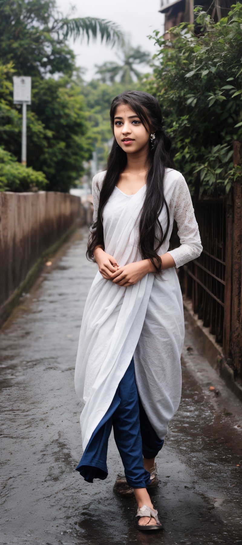 1girl, solo, long hair, black hair, twintails, jewelry, earrings, lips, realistic, beautiful mallu girl, 18 years old girl, outside, beautiful girl walking on the street , twintail hairstyle 
