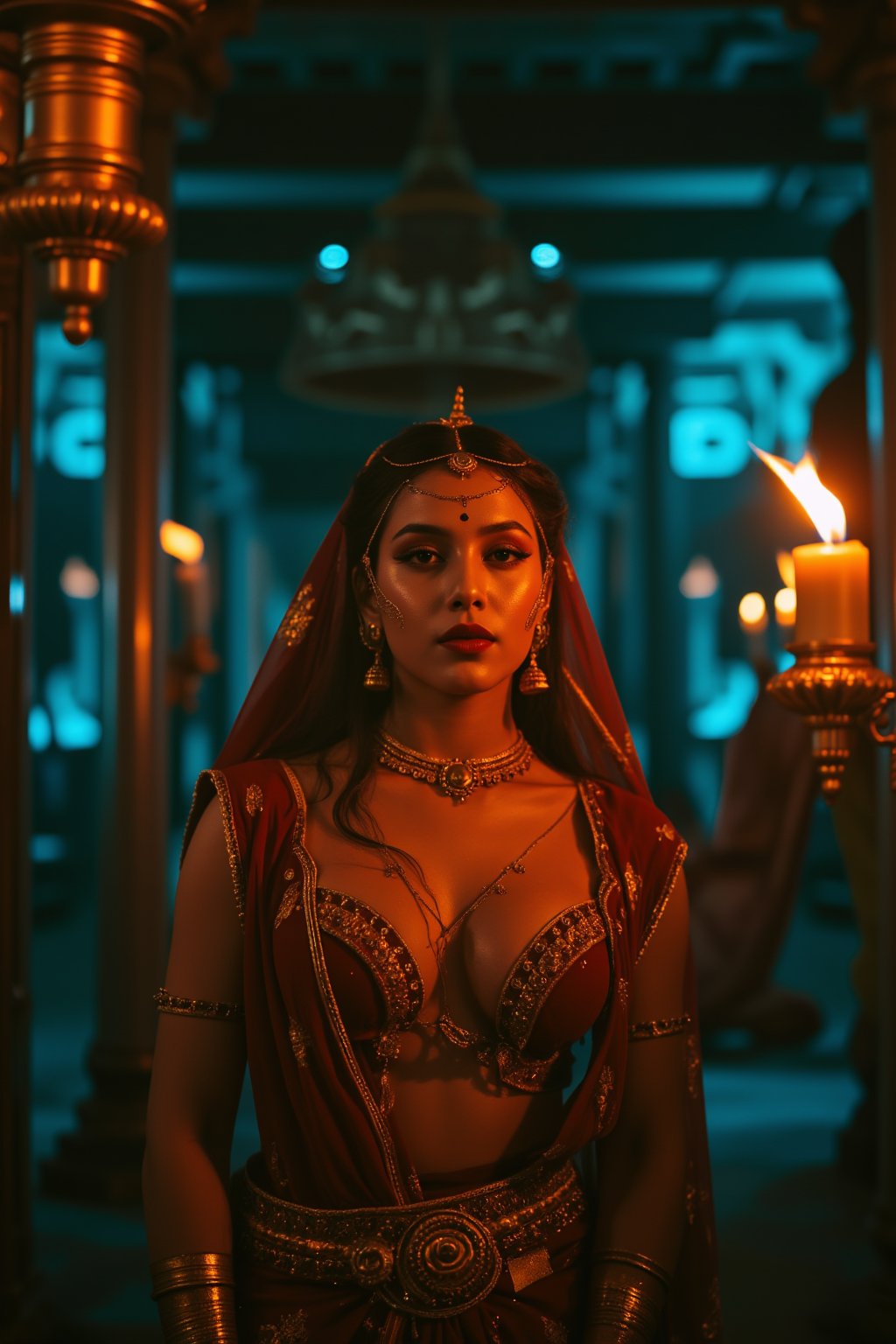 A realistic photographic portrayal of the Goddess of Kamasutra, standing gracefully in an ancient temple, (navel:1). She is adorned with traditional gold ornaments and an elaborately draped saree, both glistening under the sharp, cinematic lighting. Her makeup is bold and extreme, with dramatic eyeshadow, dark eyeliner, and rich lip color that accentuates her sensual features. Her skin is rendered in exquisite detail, every curve and texture captured in sharp focus, thanks to the Arri Alexa XT cinematic camera. The teal and orange color grading creates a warm and mysterious ambiance, teal and orange lighting, with lighting from the front and background,Ts Sara Salazar 