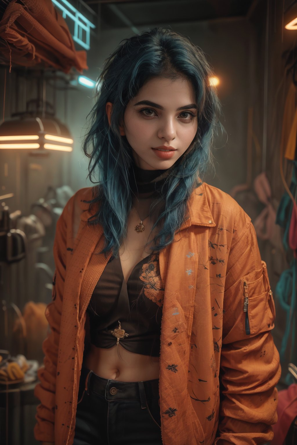 Here's a high-quality, coherent, and photorealistic , A 25-year-old woman with long, blue hair adorned with a hair ornament, stands solo in a futuristic room bathed in neon lights. She wears a designer blouse and jacket combo, paired with a turtle-neck sweater underneath. ,