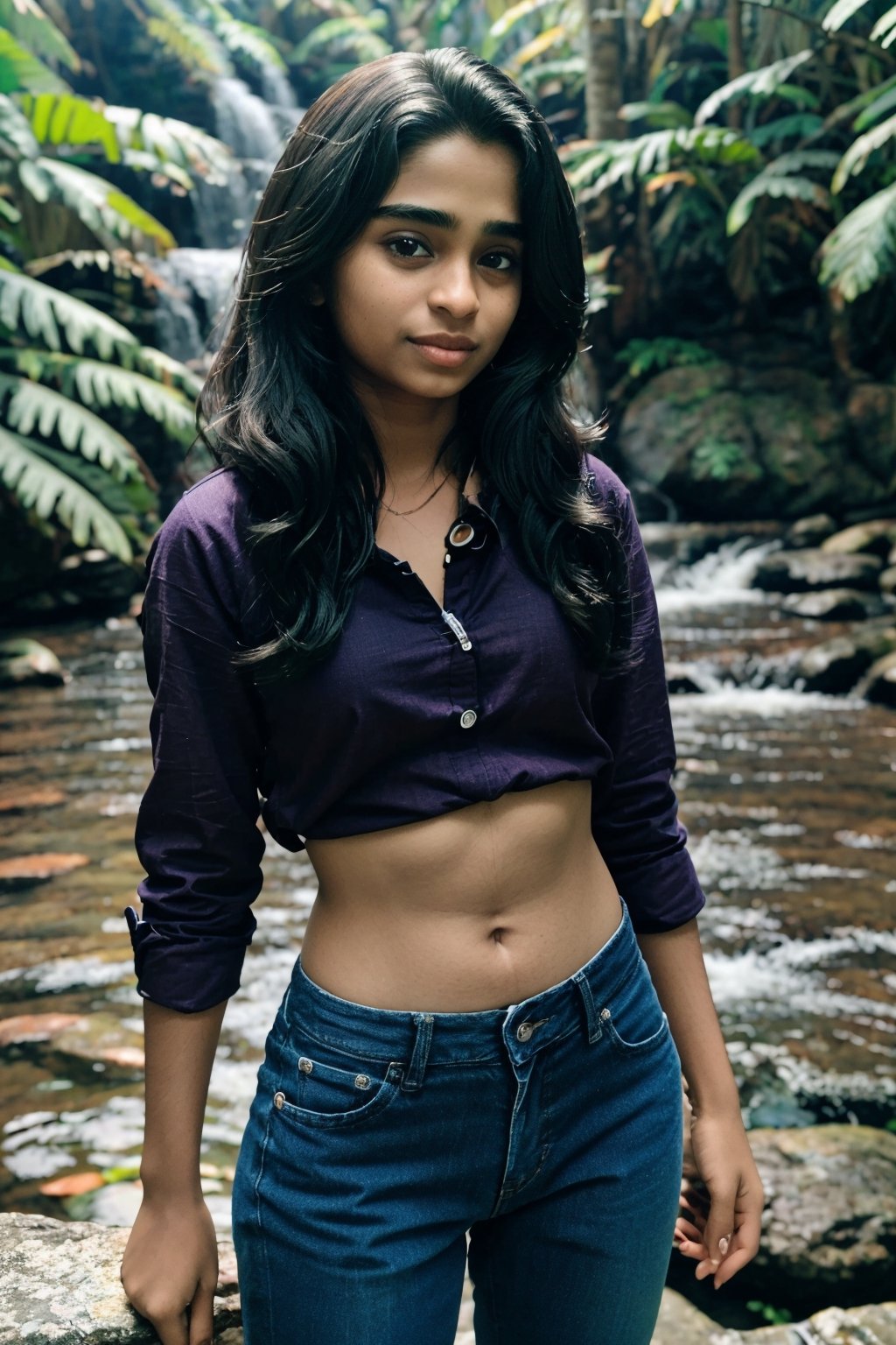 1girl, Kerala beautiful women 18 years old, solo, long hair, brown hair, shirt, t  shaped navel, outdoors, pants, sandals, denim, jeans,  photo background,Tamil girl