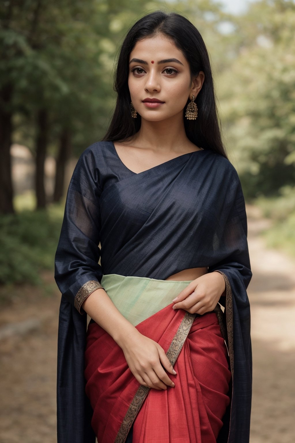 Saree, 1girl, solo, long hair, black hair, long sleeves, traditional , dress, jewelry, earrings, outdoors, blurry, looking to the side, purple dress, realistic,This breathtaking photograph, shot on a Canon 1DX with a 50 mm f/2.8 lens, beautifully showcases the raw and authentic beauty of life. high resolution 8k image quality,Saree