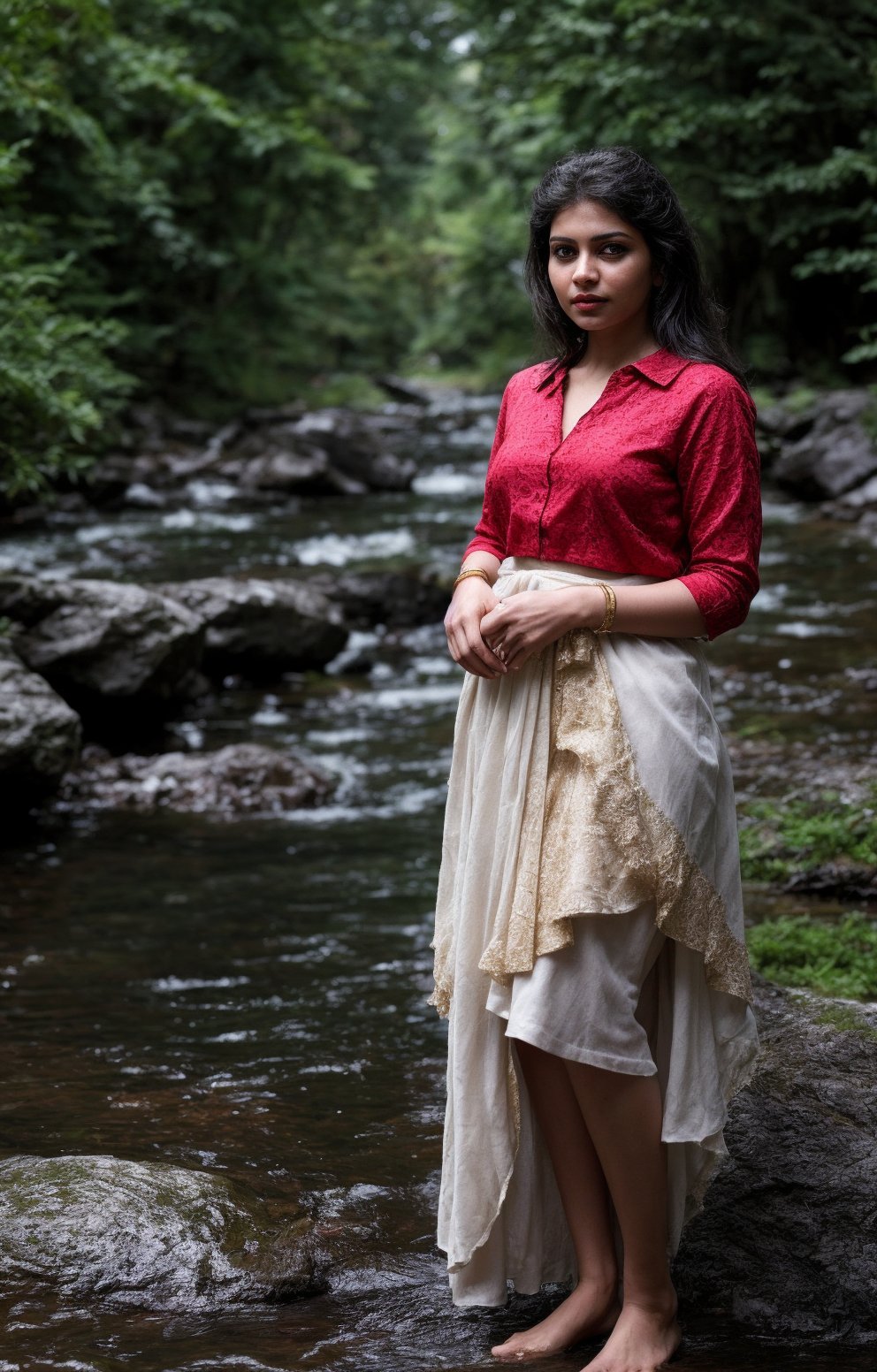 The task is to annotate the image by identifying and describing its content using natural language. The image contains a woman standing in a natural setting, which includes a stream and rocks. She is dressed in traditional attire with a red blouse and a white skirt, adorned with gold detailing. Her pose and the serene environment suggest a connection with nature and possibly a cultural or personal significance to the attire and setting. 