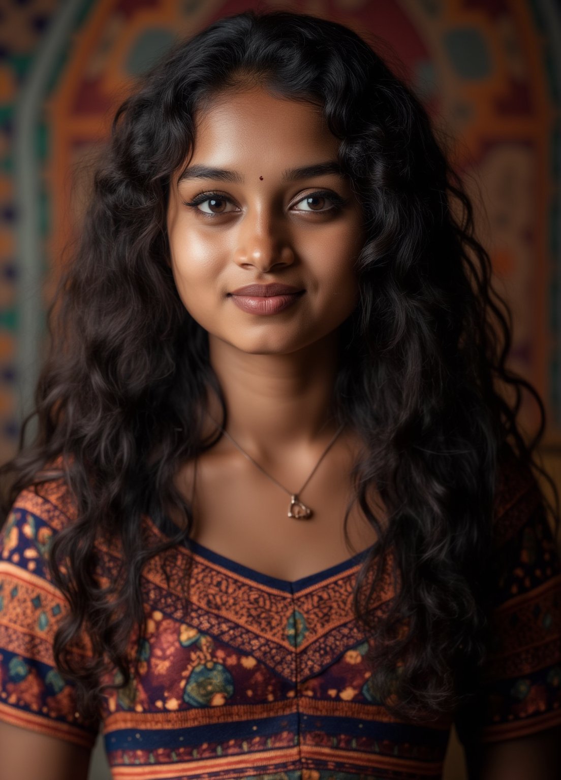 Capture a masterpiece of photography featuring a stunning girl with long, curly black hair (1.1) and intricate details in her school uniform, complete with a miniskirt and random colors. The scene is set in front of a striking fractal pattern (abstract) that creates a sense of depth and dimensionality. Professional HDR lighting (8k UHD RAW photo) casts a cinematic glow, accentuating the subject's features while also capturing the subtle play of iridescent lighting on her skin. Jewelry (1.4) adorns her neck, drawing attention to her radiant smile as she faces the viewer directly. The image is rendered in breathtaking detail, with every curl of hair and fold of fabric meticulously captured. Apply a realistic LUT for a true-to-life representation.,SH,Yakshi28 